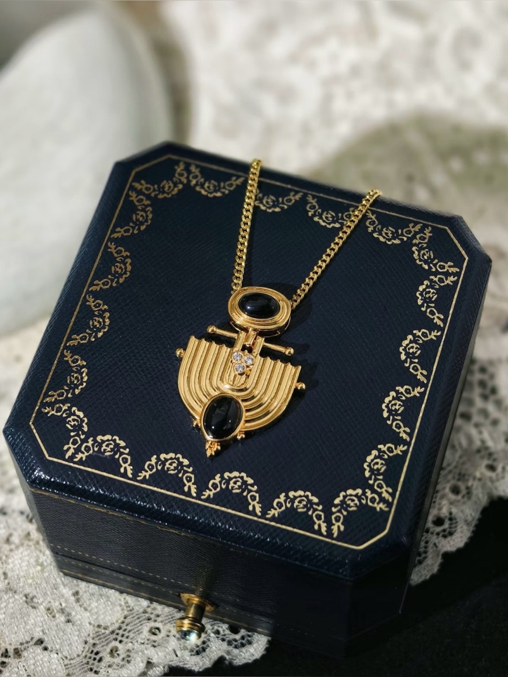 Brand New Black Onyx & Zircon Art Deco Gold-Plated Pendant Necklace